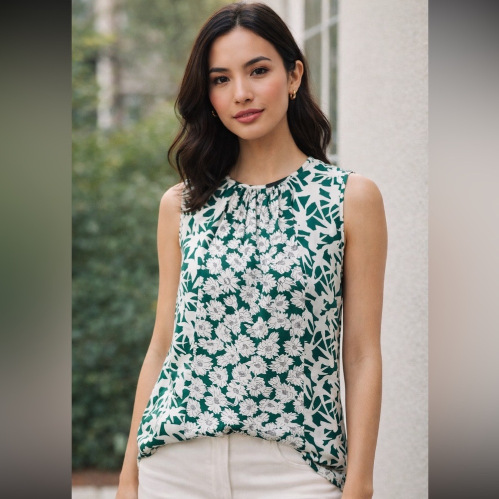 Rebecca Taylor Silk Blend Floral Sleeveless Blouse – Green & White – Size 4